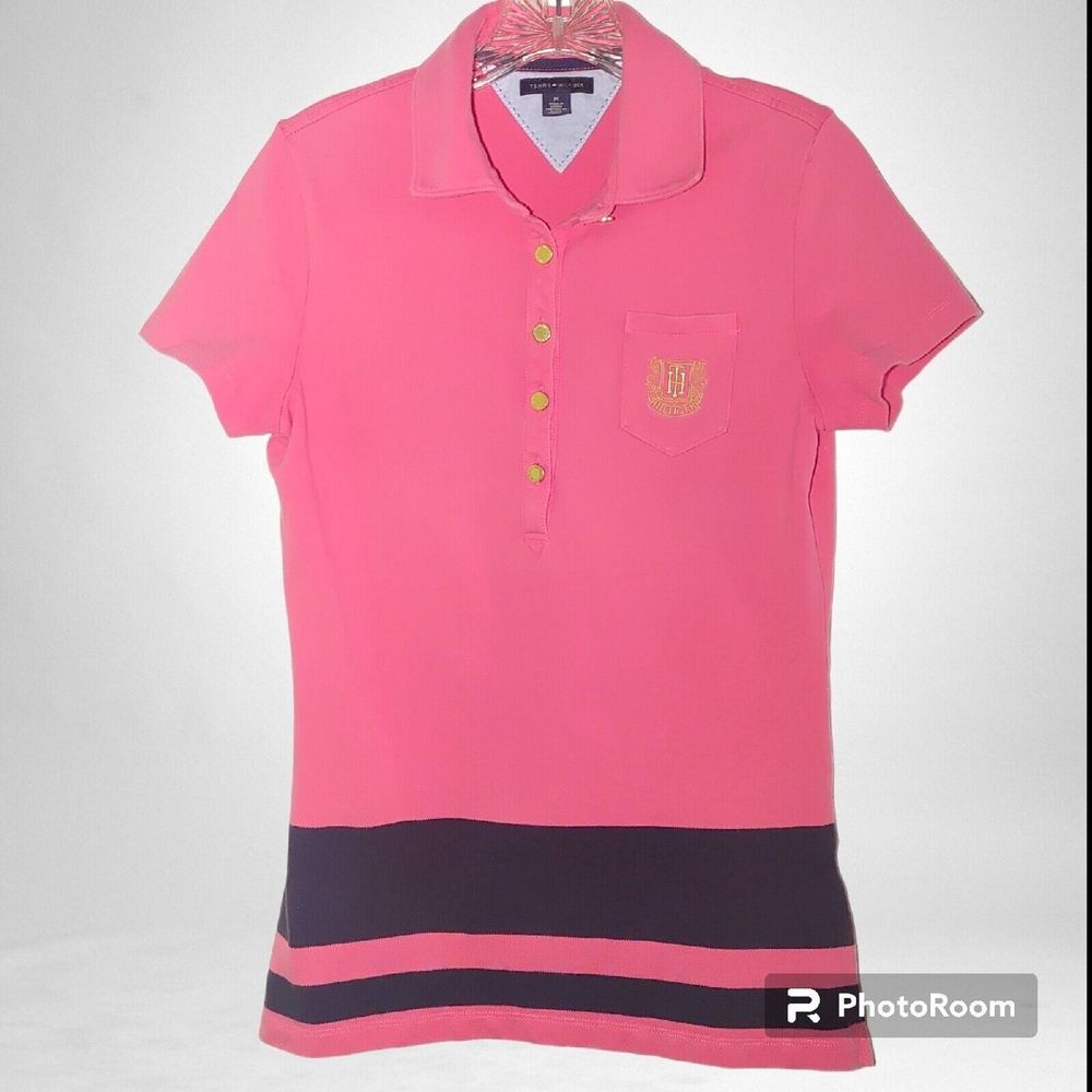 Tommy Hilfiger Women's Short Sleeve Pink Polo Shirt Size Medium Embroidered LOGO